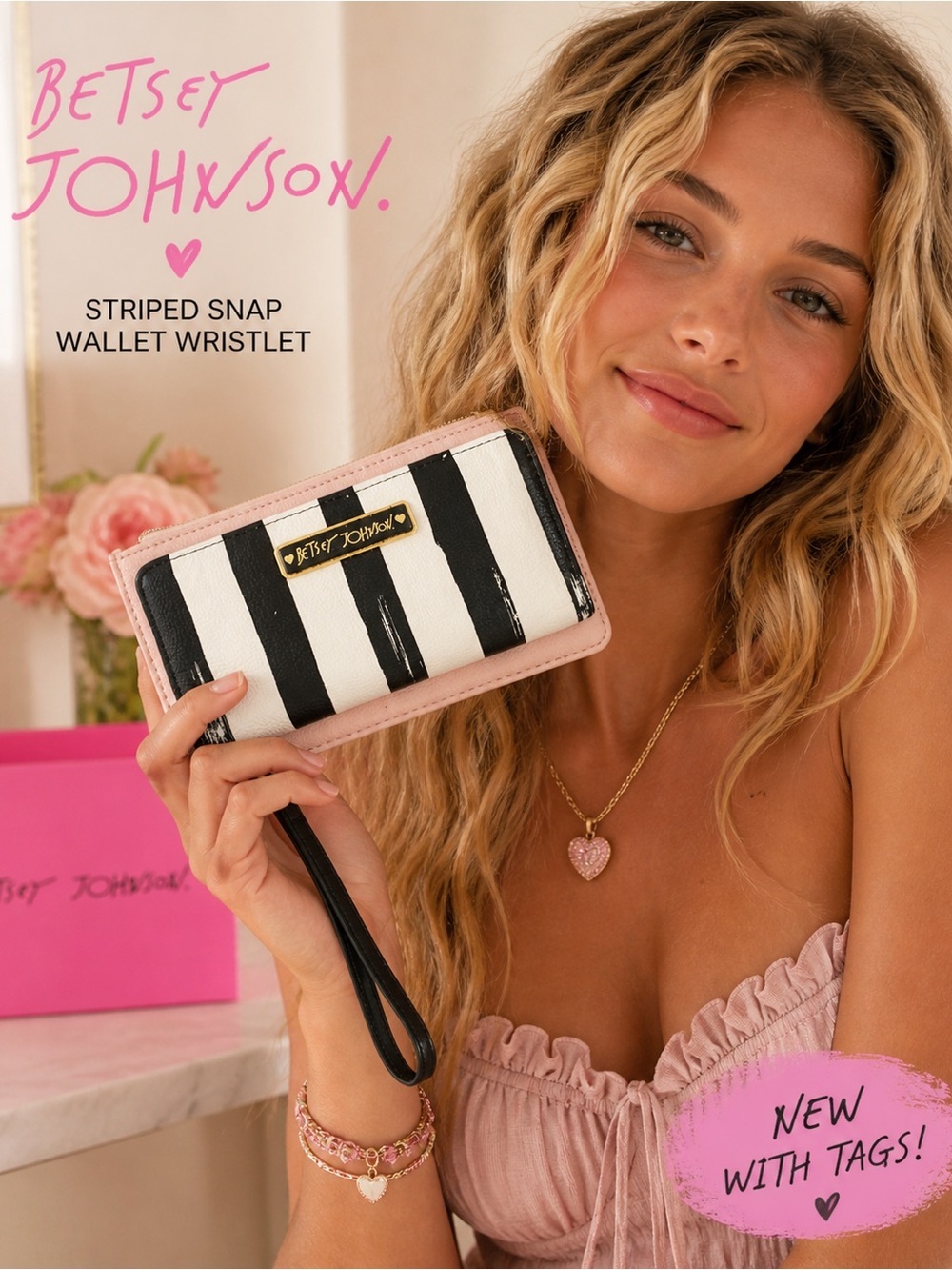 Betsey Johnson Black & White Striped Zip-Around Wallet with Gold Plaque NWT
